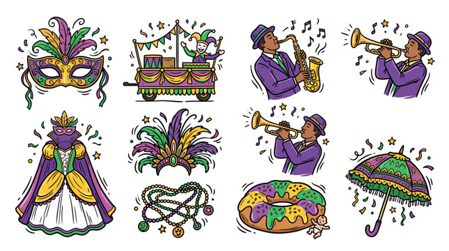 Minimal  Mardi Gras Silhouette Vector Set with Carnival Floats Jazz Musicians Costumes and Festival Traditions
