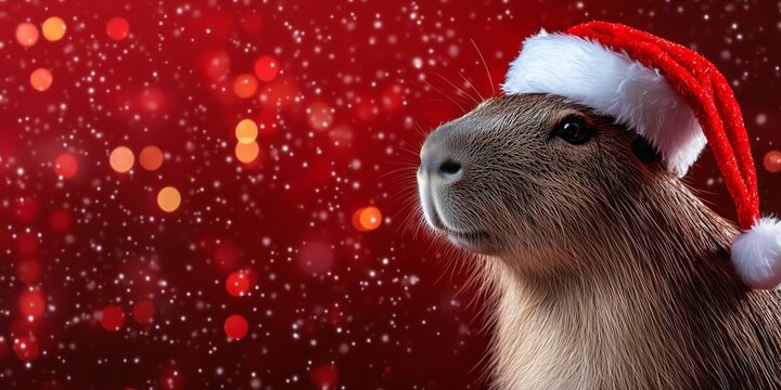 Capybara in santa hat on a christmas background, copy space
