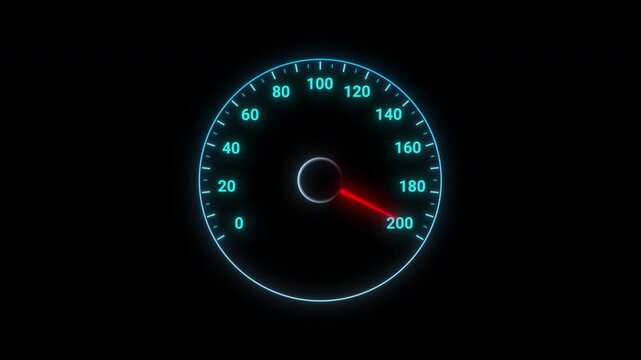 Minimal glowing neon speedometer with red needle on transparent background.