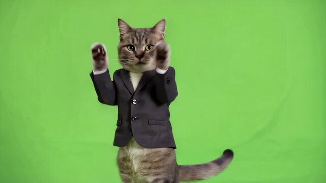 Chubby Grey Cat Balancing with Paws Raised in Suit