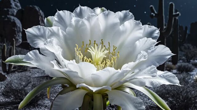 A saguaro cactus flower blooms at night in a desert. The moonlight shines on the flower and surrounding cacti among rocky formations. Stars are visible in the dark sky