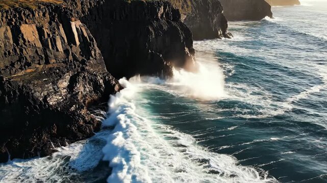Waves come in and crash against the large rocks at the shore. The sun sets in the background, casting light across the water and cliffs. The scene shows the ocean's movement and sound