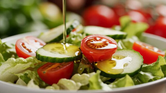 Fresh salad preparation takes place with chopped lettuce, sliced cucumbers, and halved cherry tomatoes. Olive oil is drizzled over the colorful ingredients