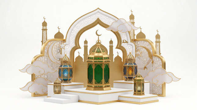 Islamic Ramadan Kareem and Eid Mubarak celebration concept. Golden lanterns with green and blue glass on a white podium with mosque arch and clouds