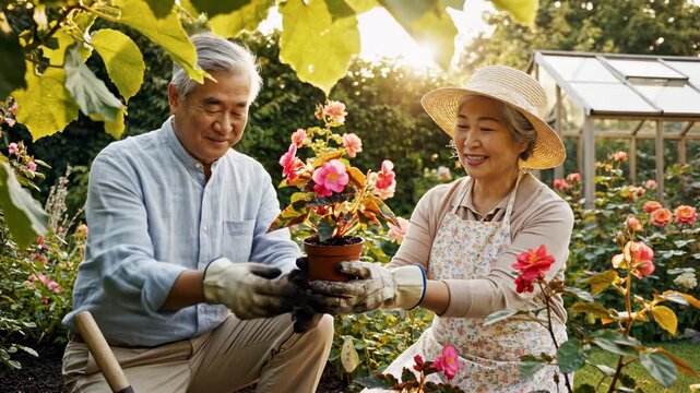 An elderly couple works together in their home garden. They plant flowers in pots and enjoy time outdoors under the sun