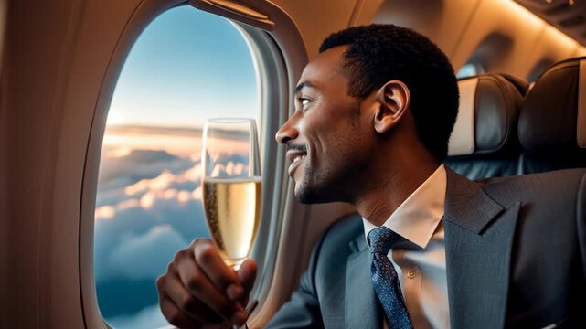 Man drinks glass champagne, person sit on airplane and looks out the window at clouds AI Generative