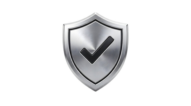 Silver metal shield with check mark symbol representing security