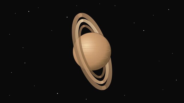 Planet Saturn rotating in deep space with rings. 2D vector animation. Stylized gas giant planet spinning against starry background
