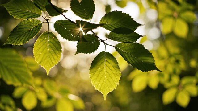 Sunlight breaks through green leaves in a forest. The leaves show details as they sway gently. The light creates patterns on the ground and highlights the beauty of nature