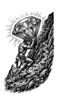 Vintage mythological Silenus illustration carrying shining diamond. Antique black and white line art of satyr moving giant gemstone through rocky landscape. Victorian engrav