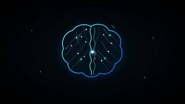 Artificial Intelligence Brain with Glowing Neural Networks. Digital human brain icon with moving light pulses and data points on black background