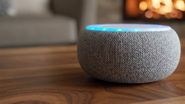 A smart speaker sits on a wooden table. The living room has a fireplace with glowing flames. Soft light fills the room, making it inviting and warm