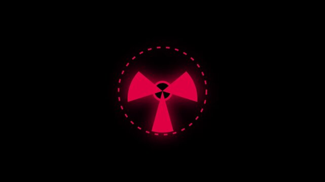 Glowing red radiation hazard symbol rotating on black background. Nuclear warning icon with circular dotted border. Neon energy animation