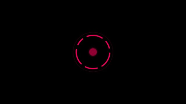 Futuristic HUD target interface with pulsing magenta light. Digital scanning circle element on black background. High tech scanning motion graphic