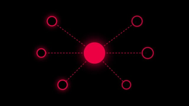 Red glowing network node animation. Digital connection points linked by dashed lines. Minimalist technology infographic on black background