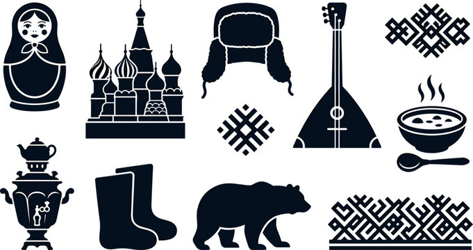Russian Cultural Heritage and Landmark Silhouette Vector Icon Set Featuring Matryoshka Doll Saint Basil Cathedral Bear Balalaika and Traditional Folk Symbols