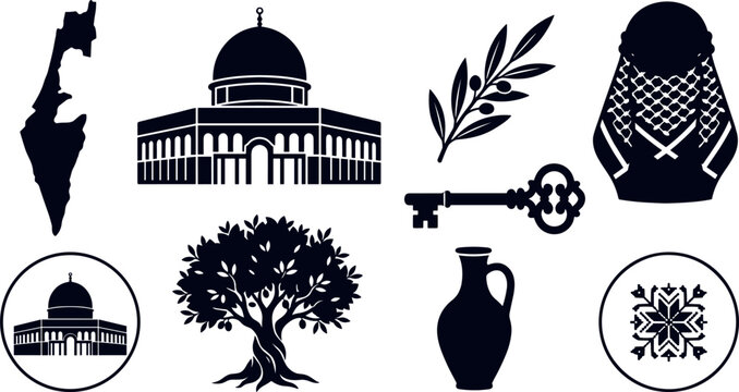 Palestine Cultural Heritage and Landmark Silhouette Vector Icon Set Featuring Dome of the Rock Map Keffiyeh Olive Tree and Traditional Tatreez Elements