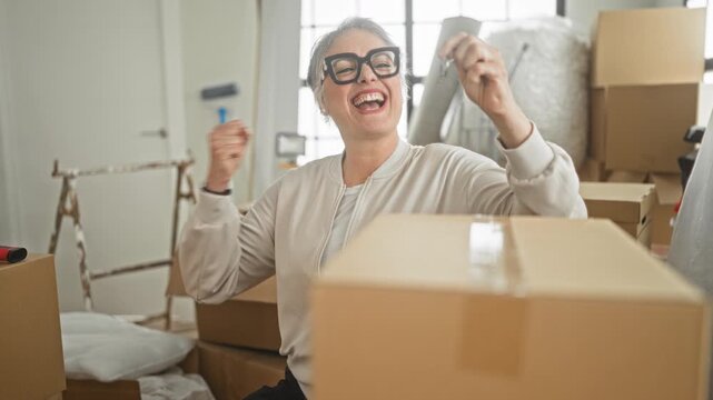 Woman holding a key with raised fist amid stacked moving boxes and unpacked furniture in a bright room inside a building; celebration new beginning.