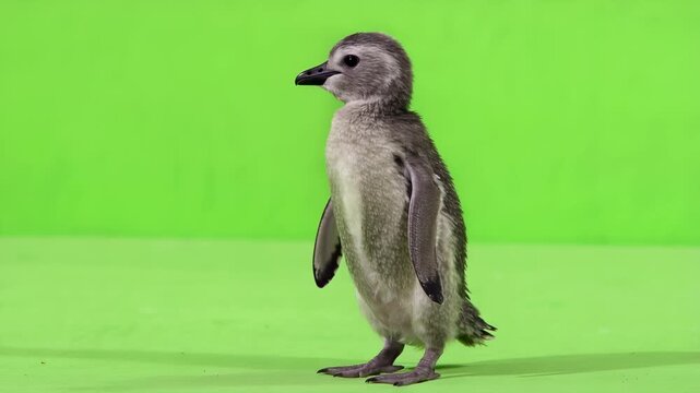 Fluffy Baby Penguin Standing Upright on Green Screen