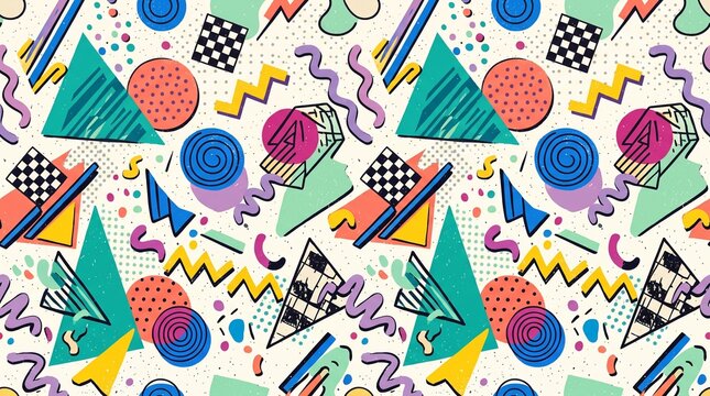 Vector seamless pattern with hand drawn Eleme Colorful Memphis Pattern Abstract Geometric Shapes Retro 1980s Pop Art Seamless Background Designs, 32K Revolutions
