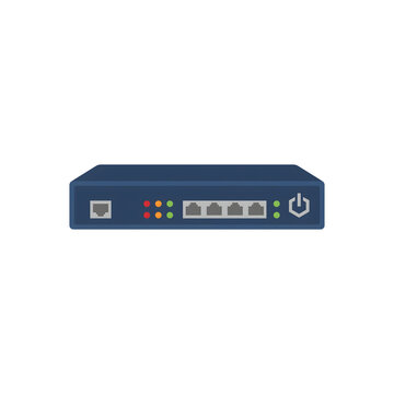 A flat design illustration of a blue network router or switch with multiple Ethernet ports and status indicator lights.