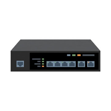A flat vector illustration of a black network switch with multiple Ethernet ports and indicator lights on a white background.