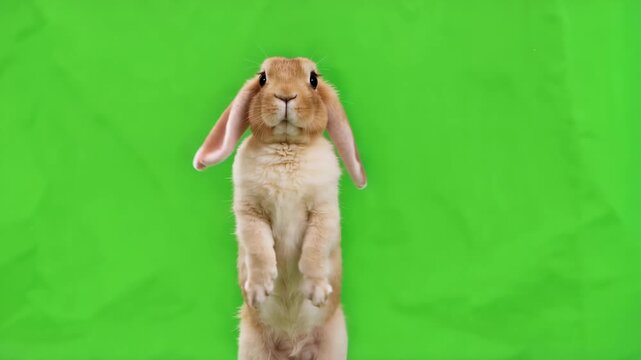 Lop-Eared Rabbit Standing Upright on Green Screen