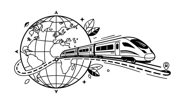 Modern high speed train traveling across the globe with railway tracks and destination icon