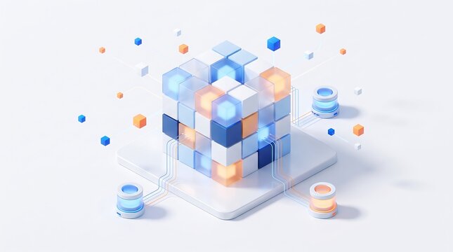 Modular data block cube structure with glowing digital nodes floating above a smartphone base in a conceptual isometric render structure technology