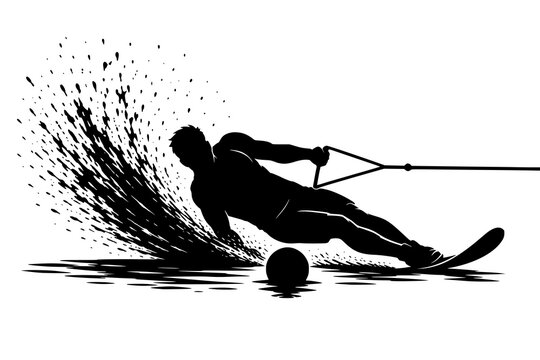 Slalom Water Skier Silhouette. Maximum Lean Buoy Turn. Extreme Carving Speed. Water Sport Vector