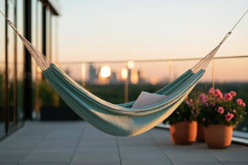Naklejka premium Green hammock with pillow on balcony terrace at golden hour for urban relaxation background and lifestyle banner
