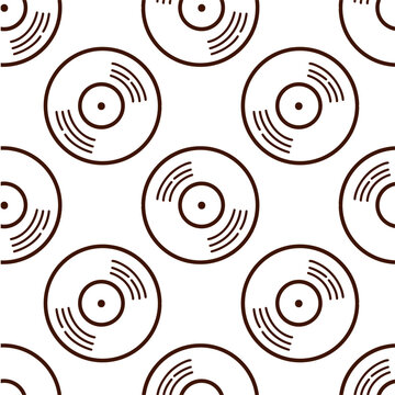 Vinyl records seamless line art vector pattern featuring repeating analog discs with concentric grooves and central labels in a nostalgic vintage style