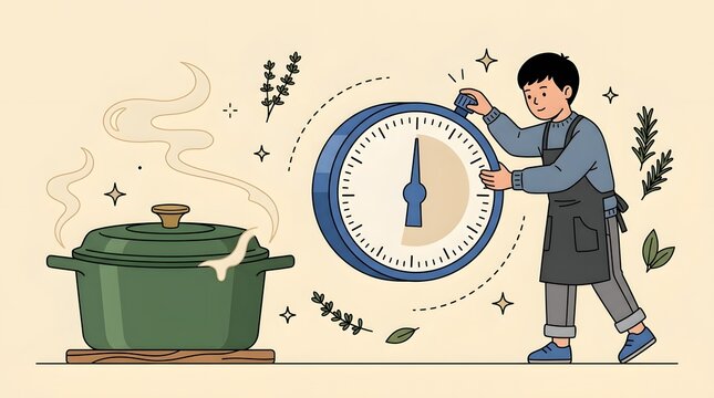 Asian Boy Setting Giant Kitchen Timer Beside Boiling Hot Cooking Pot Stew with Herbal Steam
