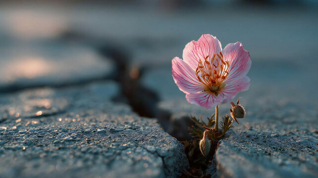 Pink flower blooming through crack in concrete pavement. Generated by AI.
