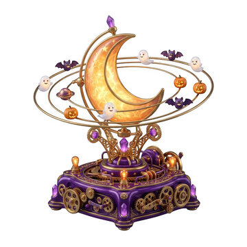 halloween moon steampunk armillary sphere with gears and celestial elements for mystical decoration.