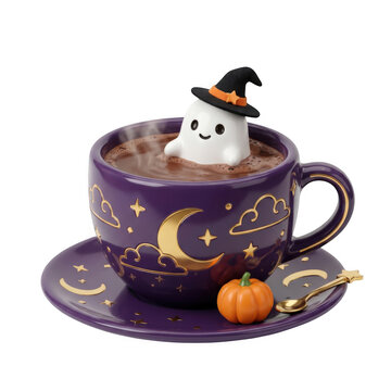 Purple celestial coffee cup with ghost marshmallow and pumpkin for halloween beverage concepts.