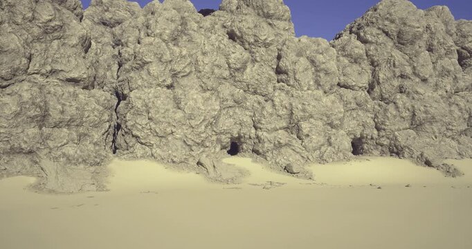 sunlit sand dunes beneath rocky cliffs, textured wind sculpted ridges, pale vegetation pockets, clear blue sky, calm minimal mood, remote landscape ideal