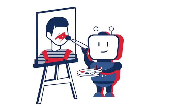 robot holding paint palette and brush animation, artificial intelligence painting studio animated video, robotics doing red paint around the mouth clip, AI hallucination motion graphics