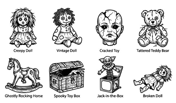Set of spooky vintage toys including creepy dolls a cracked face a tattered teddy bear and haunted objects