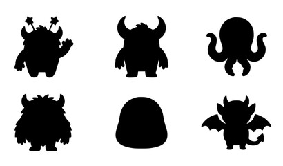 Set of black silhouettes of cute monsters and aliens isolated on a white background for creative design projects © Mojaffor