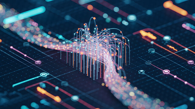 Futuristic Abstract Digital Data Visualization of a Complex Network, Representing High-Speed Information Flow, Artificial Intelligence, and Advanced Computing Technology