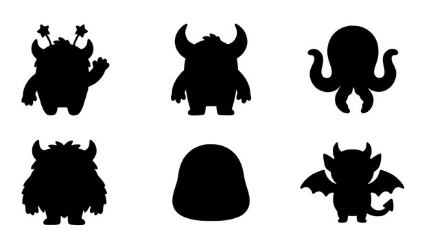 Set of black silhouettes of cute monsters and aliens isolated on a white background for creative design projects