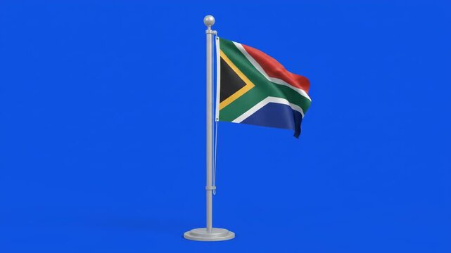 South African flag waving on a flagpole against a solid blue background, representing national identity and patriotism.