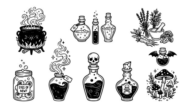 Set of hand drawn witch craft elements including magic potions cauldrons skulls mushrooms and herbal ingredients for design