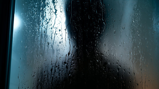 A shadowy figure seen through the heavy steam and condensation on a bathroom mirror or shower door.