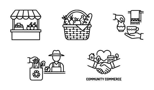 Set of outline icons representing local community commerce farmers market sustainable shopping and neighborhood business support services
