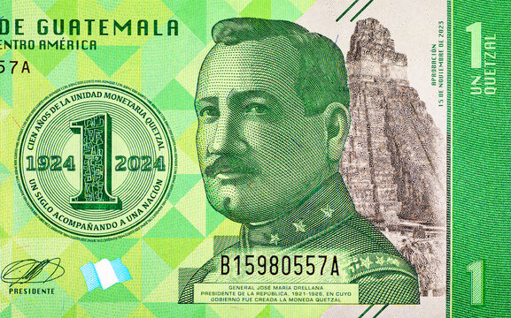1 Quetzal, Guatemala with a portrait of General Jose Maria Orellana. Money of Guatemala
