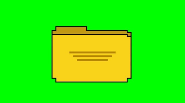 Animation of a retro pixel art yellow folder opening to reveal a document on a green screen. Simulates file management and vintage computer interfaces