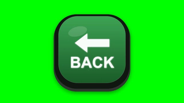 3D animation of a dark green-bordered black square "BACK" button with a white arrow on a green screen. Ideal for user interface navigation in web and app design