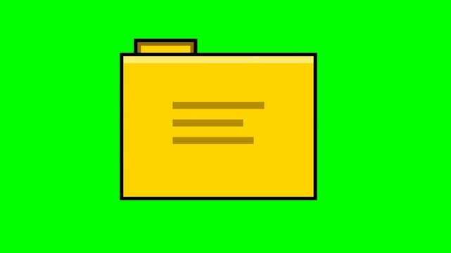 2D animation of a yellow folder opening to reveal a white document on a green screen. Simulates file management, data storage, and digital archiving concepts